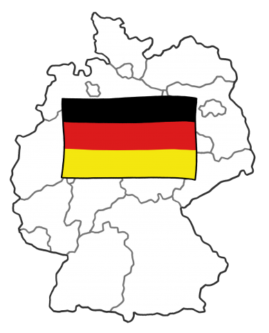 Auf dem Bild sieht man im Hintergrund die Landkarte von Deutschland. In der Mitte ist die Deutschlandflagge zu sehen.