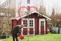  Mann mit roter Gießkanne vor einem roten Gartenschuppen wässert ein Bäumchen